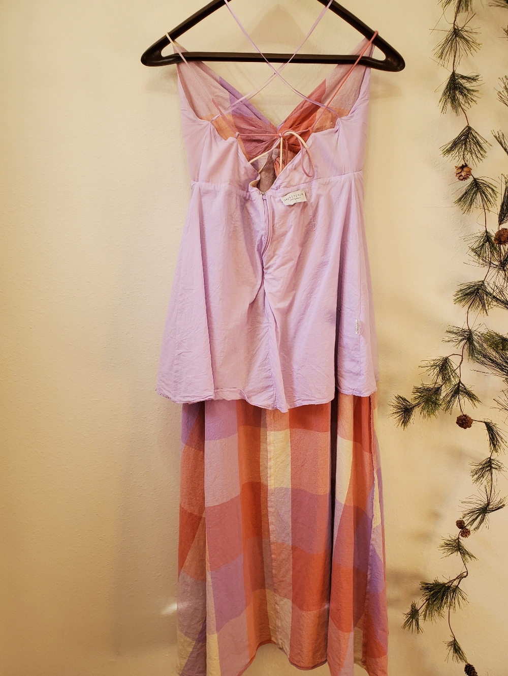 Dress Forum LA Ally Plaid Maxi Dress Lavender Coral Tie-back Front Slit Lined - Picture 13 of 16